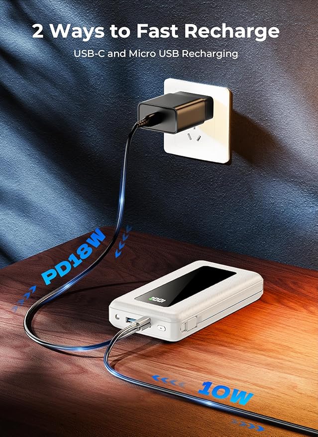 Portable Charger Power Bank, 50000mAh Travel Camping Essential Battery Pack with Built-in Cables, PD 22.5W Fast Charging, Large Capacity Portable Phone Charger for iPhone, White