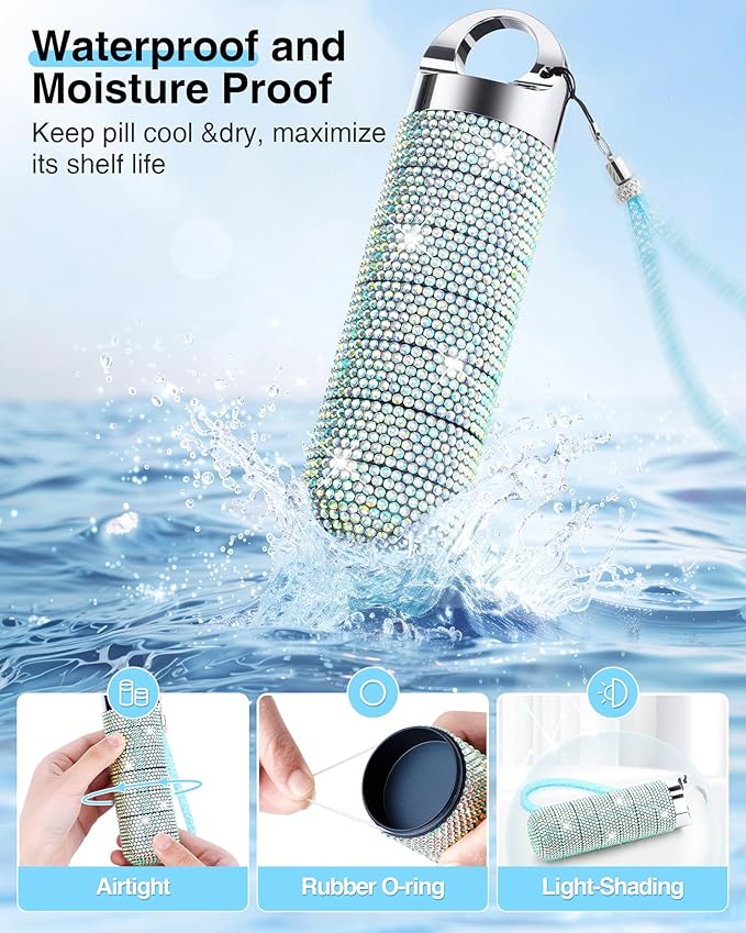 Zannaki Metal Bling Pill Organizer, Travel Waterproof Weekly Pill Box, Portable Large Aluminum Alloy Pill Case Container, BPA Free 7 Day Daily Medicine Organizer Holder for Vitamin,Fish Oil,Supplement