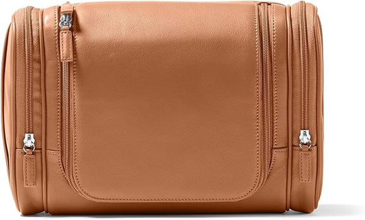 Leatherology Cognac Hanging Toiletry Kit - Double zip closure, 2 exterior side zipper pockets, water-resistant lining