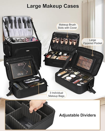 Relavel Rolling Makeup Case, 4 in 1 Hairstylist Traveling Bag Cosmetology Case on Wheels Large Hair Tools Cosmetics Train Case Makeup Artist Storage Organizer Trolley Suitcase with 360° Swivel Wheels