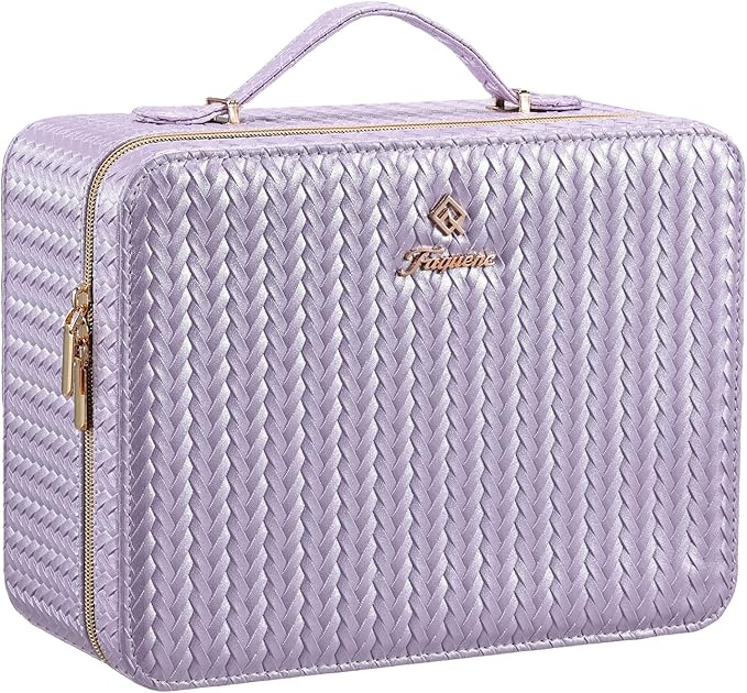 Leather Makeup Case with LED Lighted Mirror 11.4 Inch Travel Makeup Bag Adjustable Brightness in 3 Colors Cosmetic Organizer Artist Storage Bag with Dividers Brush Holder Bag Vanity Shiny Purple