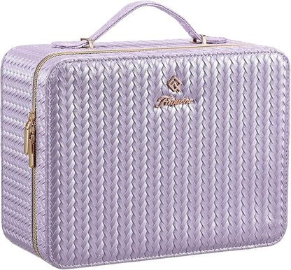 Leather Makeup Case with LED Lighted Mirror 11.4 Inch Travel Makeup Bag Adjustable Brightness in 3 Colors Cosmetic Organizer Artist Storage Bag with Dividers Brush Holder Bag Vanity Shiny Purple