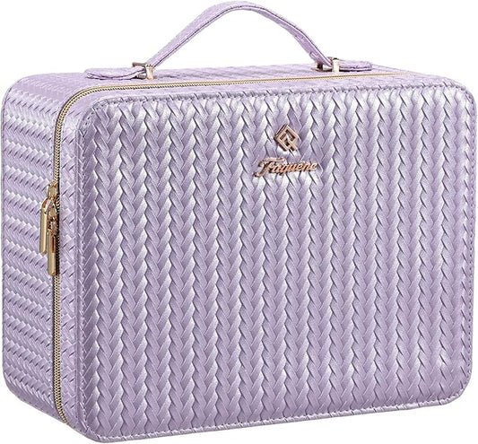 Leather Makeup Case with LED Lighted Mirror 11.4 Inch Travel Makeup Bag Adjustable Brightness in 3 Colors Cosmetic Organizer Artist Storage Bag with Dividers Brush Holder Bag Vanity Shiny Purple