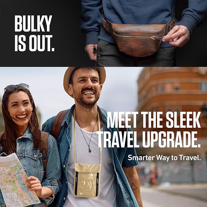 VENTURE 4TH Neck Wallet, RFID Blocking Passport Holder for Travel – Hidden Neck Pouch with 6 Compartments, Slim Lightweight Organizer with Adjustable Strap for Cash, Cards & Passport (Beige)