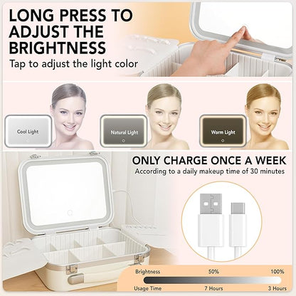 Lighted Makeup Case with Mirror - Standard Size 11.4" x 9" - Travel Makeup Train Case With Mirror - Rechargeable LED Travel Vanity Case with Adjustable Brightness - Train Case Makeup Bag - White