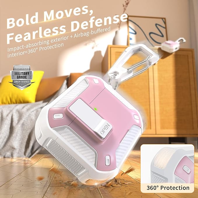 RFUNGUANGO Compatible AirPods 4th Generation Protective Case with Phone Holder and Compatible Back Magnetic Suction Function, Suitable for AirPods 4th Case-White + Pink