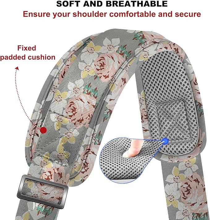 ZINZ 79.5" Universal Strap with Ultra-Thick Fixed Breathable Pad - Adjustable Heavy-Duty Shoulder Strap for Laptop, Crossbody, Luggage, Gym, Camera Bag and More,Gray Flower