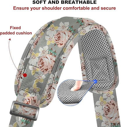 ZINZ 79.5" Universal Strap with Ultra-Thick Fixed Breathable Pad - Adjustable Heavy-Duty Shoulder Strap for Laptop, Crossbody, Luggage, Gym, Camera Bag and More,Gray Flower