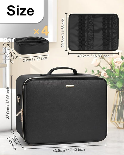 Relavel Extra Large Makeup Case Professional Cosmetic Storage Organizer Box Brush Holder with 4 Clear Set Bags for Makeup Artists with Shoulder Strap & Adjustable Dividers, Leather Black
