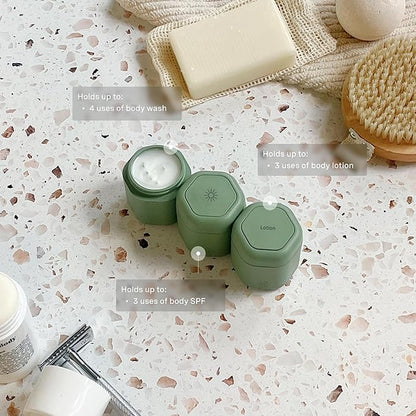 Cadence Travel Containers - Body Care Capsule Set - Magnetic Containers with Lids,Carry On Travel Essentials for Women/Men - 3 Flex Mediums (1.32oz) - Body Wash, Lotion & Sun Icon Labels - Eucalyptus