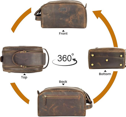 LEATHER VILLAGE Premium Leather Toiletry Travel Pouch With Waterproof Lining - Brown | King-Size Handcrafted Vintage Dopp Kit Bag, Shaving & Bathroom Organizer, Gift for Men & Women