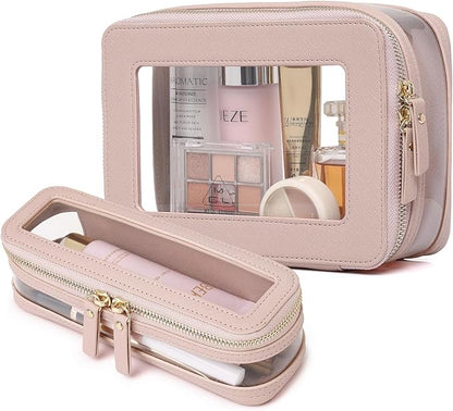 Pinkmik Clear Makeup Bag with Brush Case Travel Toiletry Bag Waterproof Cosmetic Organizer Car Essentials for Women (Pink, M+SLIM-1)