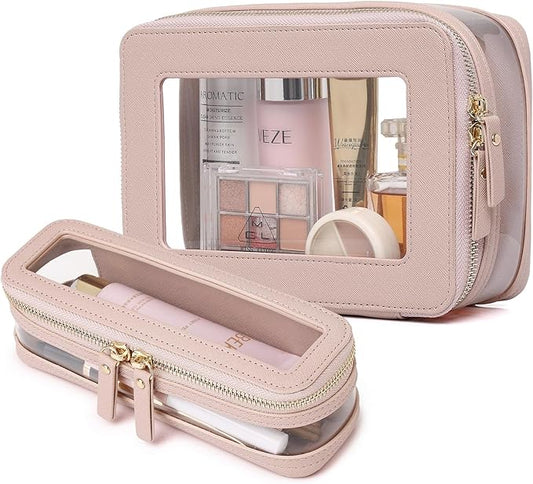 Pinkmik Clear Makeup Bag with Brush Case Travel Toiletry Bag Waterproof Cosmetic Organizer Car Essentials for Women (Pink, M+SLIM-1)