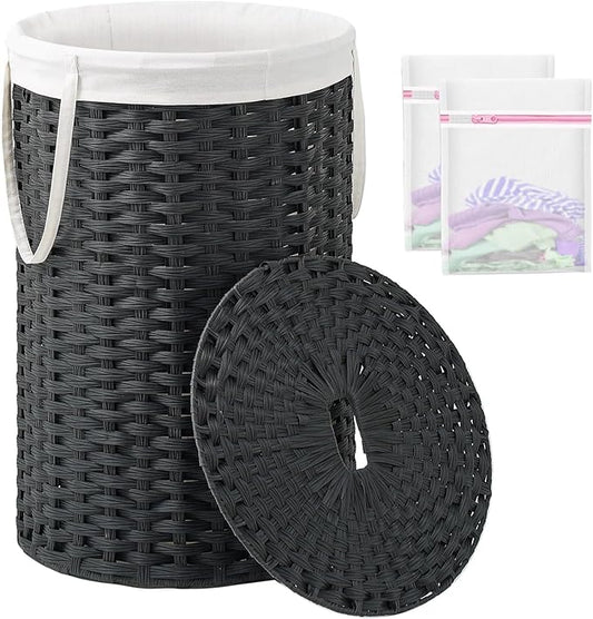 Large Laundry Hamper Laundry Basket Round 34.3 Gal (130 L) Handwoven Wicker Laundry Baskets Rattan Laundry Basket with Laundry Bag Handles 2 Mesh Bags for Living Room Bedroom Black