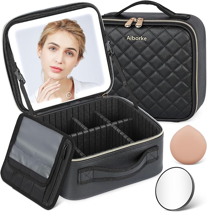 Travel Makeup Bag with Led Mirror Make up Case with Lighted Mirror Cosmetic Organizer bag with Adjustable Dividers and 5X Magnifying Mirror Makeup Box Vanity Case for Women