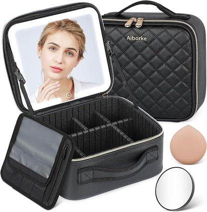Travel Makeup Bag with Led Mirror Make up Case with Lighted Mirror Cosmetic Organizer bag with Adjustable Dividers and 5X Magnifying Mirror Makeup Box Vanity Case for Women