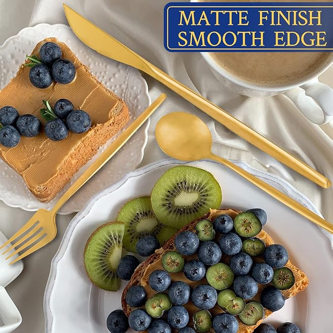 Matte Gold Stainless Steel Flatware Set for 4, 20-Piece Cutlery Tableware with Spoons and Forks, Dishwasher Safe