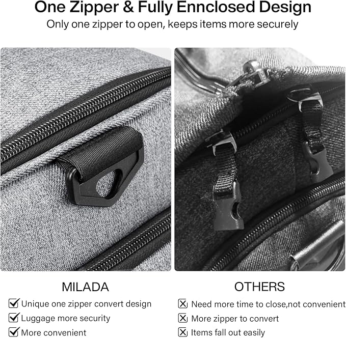 MILADA Convertible 2-in-1 Garment Duffel Weekender Bag Carry On Garment Bags for Travel Hanging Clothes Suit Bag Foldable Personal Item Business Overnight Bag with Shoe Compartment, Light Grey