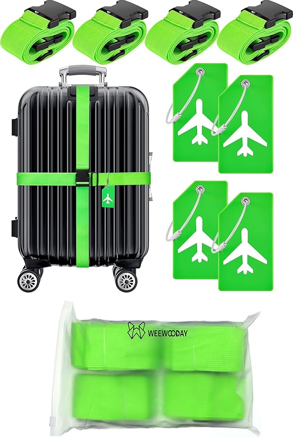 Weewooday 8 Pcs Luggage Straps Suitcase Tags Set for TSA Approved, 4 Travel Adjustable Suitcase Belt, 4 Silicone Luggage Tags with Name ID Card Travel Accessories(Fluorescent Green,Airplane)