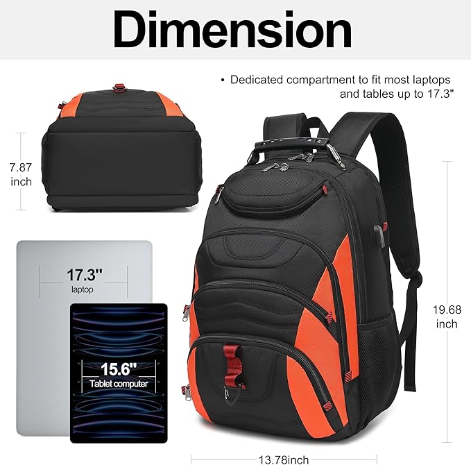 Boavan Laptop Backpack for men, 17.3 inch Laptop Bag with USB Port, Waterproof Travel Work Backpack Purse, Anti-Theft Teacher Nurse Doctor Casual Bookbags Office Business backpack，Black&Orange