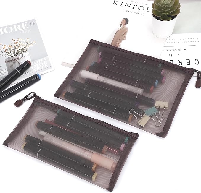 12 Pieces Zipper Nylon Mesh Pouch, Mesh Cosmetic Bags Makeup Bags Pencil Case, Multipurpose Travel Bags for Cosmetic School Office Supplies and Travel Accessories (Coffee, A5+B6)