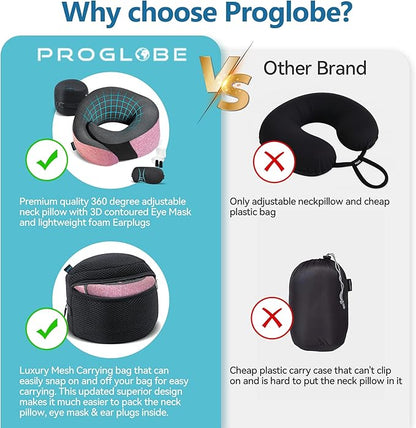 Proglobe Pink Airplane Travel Pillow Set, 100% Pure Memory Foam Neck Pillow, Updated Material, Long Flight Travel Kit with 3D Contoured Eye Masks, Earplugs, and Luxury Bag