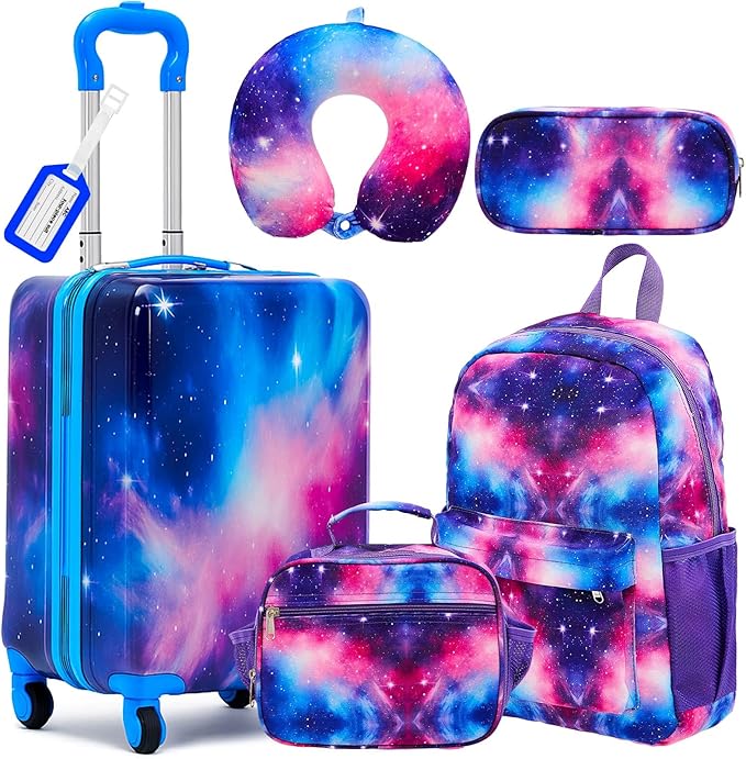 Redbaker 6 Pcs Kids Luggage Set 17 Inch Kids Rolling Luggage Double Pattern Suitcase for Girls Boys School Gift(Blue Purple,17 Inch,Starry Sky Style)