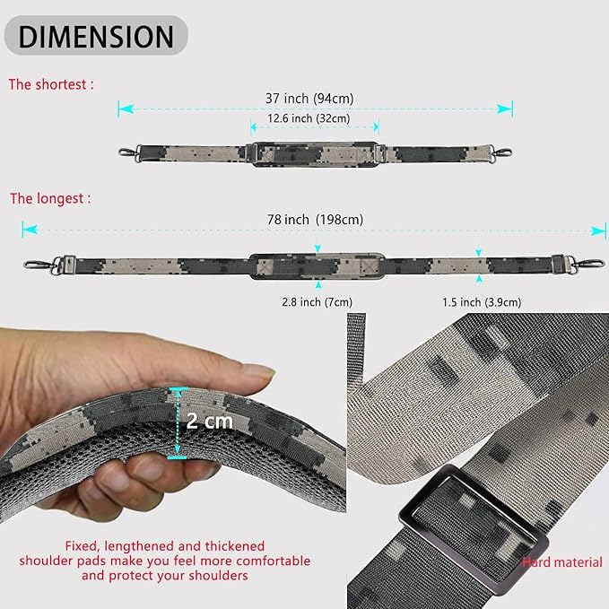 ZINZ Shoulder Strap Universal Bag Strap - 78" Ultra-Thick Padded with Dual Balanced Adjustable Buckles for Briefcase, Travel, Sports, Laptop, Crossbody Bag，Camouflage Gray