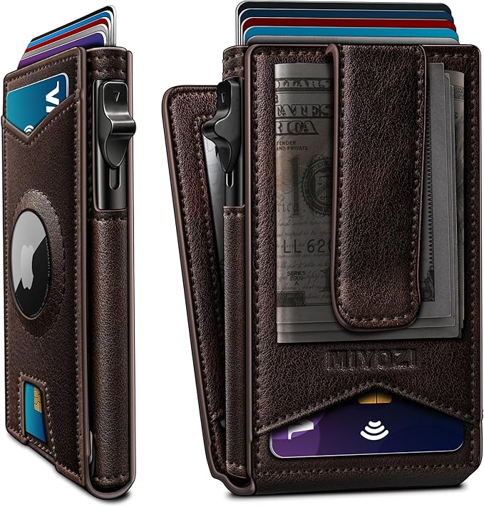Airtag Wallet for Men,with Money Clip Gift Boxed,Slim Front Pocket Wallet RFID Blocking Metal Case Smart Pop-up Credit Card Holder in Magnetic Leather Flip