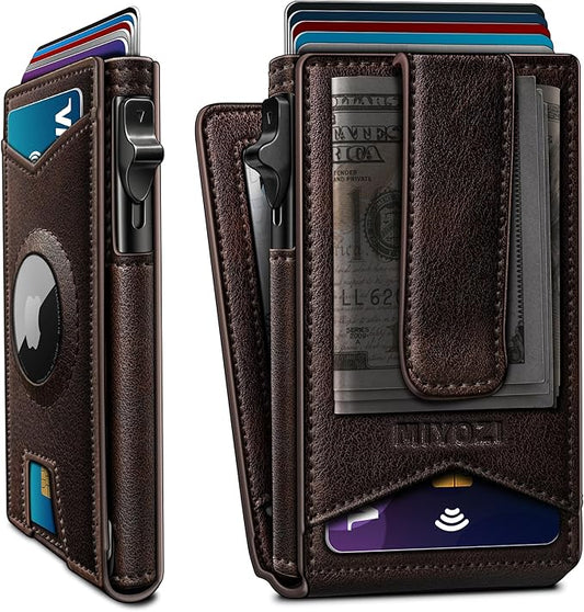 Airtag Wallet for Men,with Money Clip Gift Boxed,Slim Front Pocket Wallet RFID Blocking Metal Case Smart Pop-up Credit Card Holder in Magnetic Leather Flip