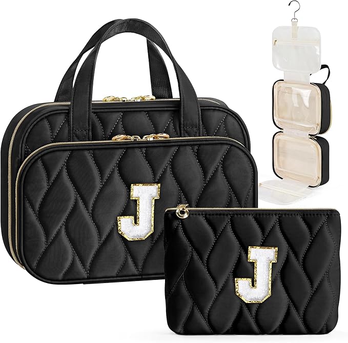 YOOLIFE Hanging Toiletry Bag for Women - Large Travel Toiletry Bag Makeup Bag, Portable Toiletries Cosmetic Bag, Airplane Travel Essentials Black - J