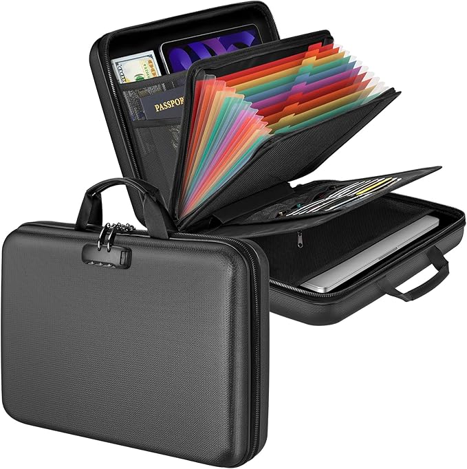 Fireproof Document Organizer with Lock, File Organizer Safe Box Fireproof Waterproof, Hard Shell Fire Proof Document Bag with 13 Pocket Accordion File Folders, Home Storage Office Organization