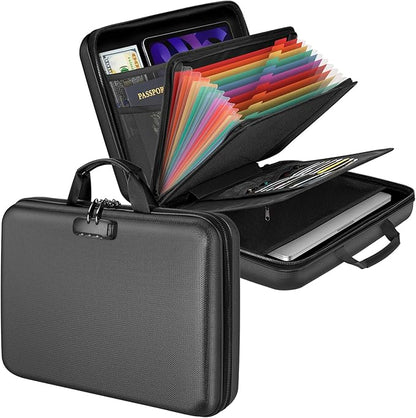 Fireproof Document Organizer with Lock, File Organizer Safe Box Fireproof Waterproof, Hard Shell Fire Proof Document Bag with 13 Pocket Accordion File Folders, Home Storage Office Organization