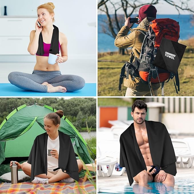 Camping Towel L Size Microfiber Quick Dry Lightweight Travel Body Swimming Pool Beach Towels (Black, 1 Pack L)