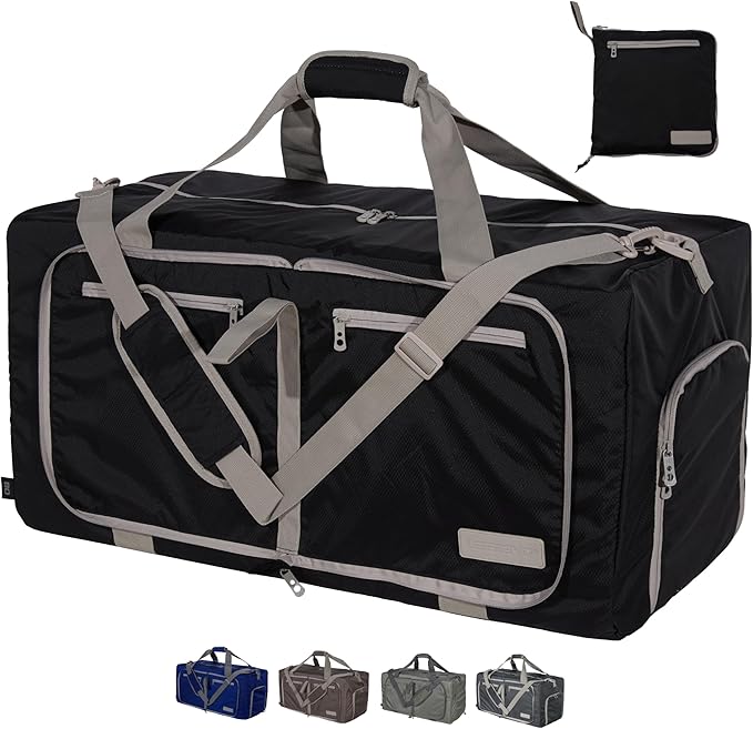 LEGEND 80L Foldable Duffle Bag for Travel - Packable Duffle Bags w/Shoe Compartment - Tear Resistant Collapsible Duffel Bags for Traveling - Lightweight Folding Duffel Bag for Men & Women -Black