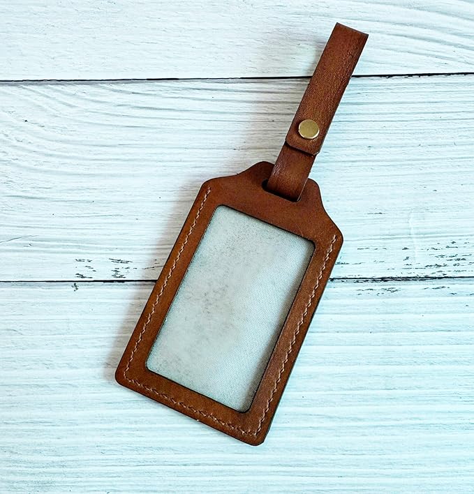 Mayan Corner - Handcrafted Brown Leather Luggage Tag with Adventure Quote, Decorative Stitching