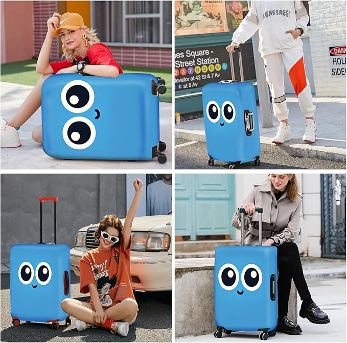 ANNA QUEEN Cute Smiley Face Luggage Cover, Blue Cartoon Suitcase Protector with Big Eyes Design, Stretchable, Washable Travel Cover for 32-34 Inch Luggage