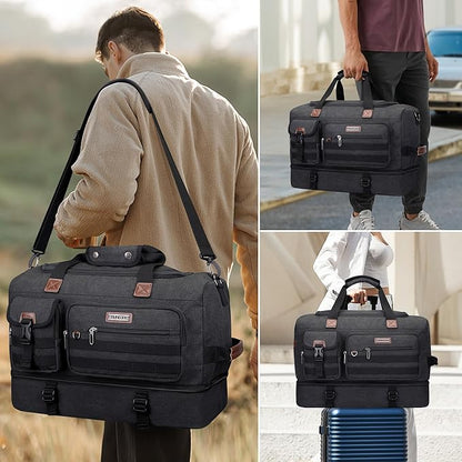WITZMAN Duffle Bag for Men 50L Canvas Weekender Overnight Bag with Toiletry Bag Sets Travel Duffel Bag Shoes Compartment（A8010-2 Classic Black）