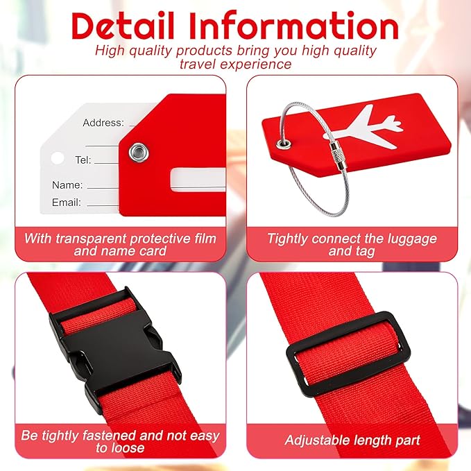 Weewooday 8 Pcs Luggage Straps Suitcase Tags Set for TSA Approved, 4 Travel Adjustable Suitcase Belt, 4 Silicone Luggage Tags with Name ID Card Travel Accessories(Red,Airplane)