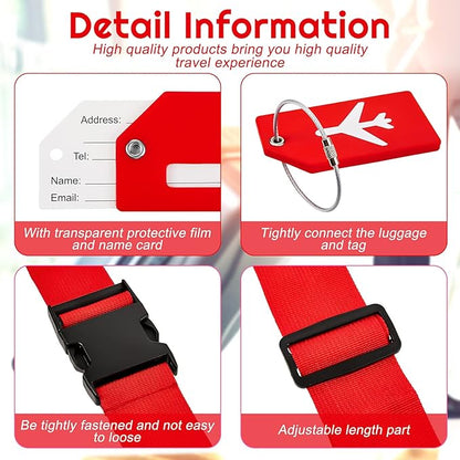 Weewooday 8 Pcs Luggage Straps Suitcase Tags Set for TSA Approved, 4 Travel Adjustable Suitcase Belt, 4 Silicone Luggage Tags with Name ID Card Travel Accessories(Red,Airplane)