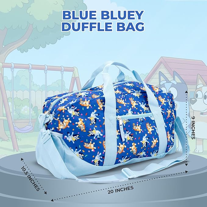 Bluey Duffle Bag, 16” Travel Sleepover Bag for Girls & Boys, Kids Weekender Bag, Blue
