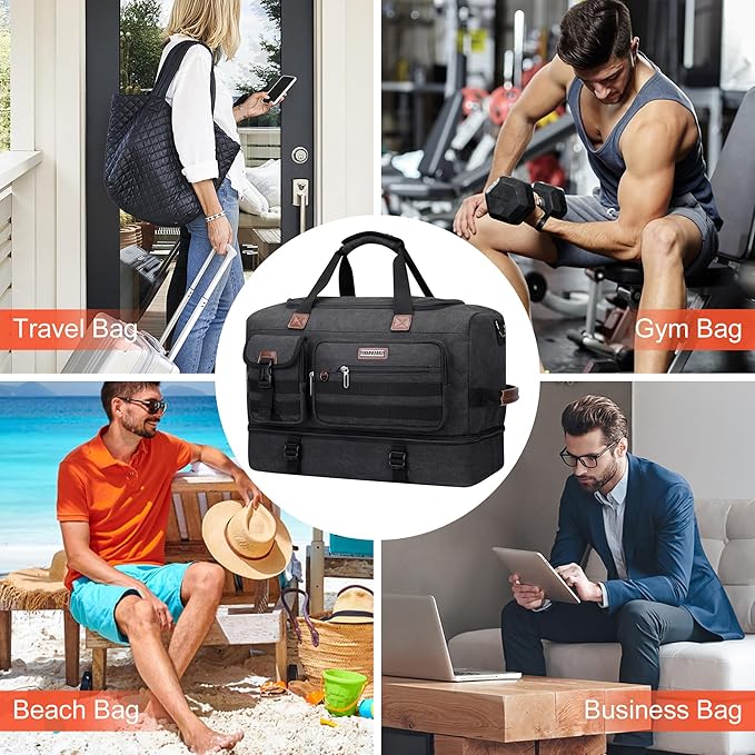 WITZMAN Duffle Bag for Men 50L Canvas Weekender Overnight Bag with Toiletry Bag Sets Travel Duffel Bag Shoes Compartment（A8010-2 Classic Black）