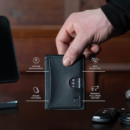 Kings Loot Money Clip Slim Minimalist Wallet for Men – RFID Blocking Leather Design with Money Clip – Front Pocket Bifold Holds 12 Cards – Stylish & Compact Wallets (Black/Engraved)