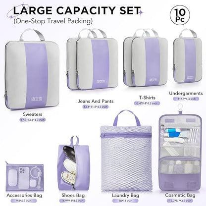 10 Set Compression Packing Cubes for Travel Essentials,Compressible Expandable Packing Cubes for Suitcase,OlarHike Luggage Organizer Bags for Travel,Handy Helper for Organizing Clothes(Purple Gray)