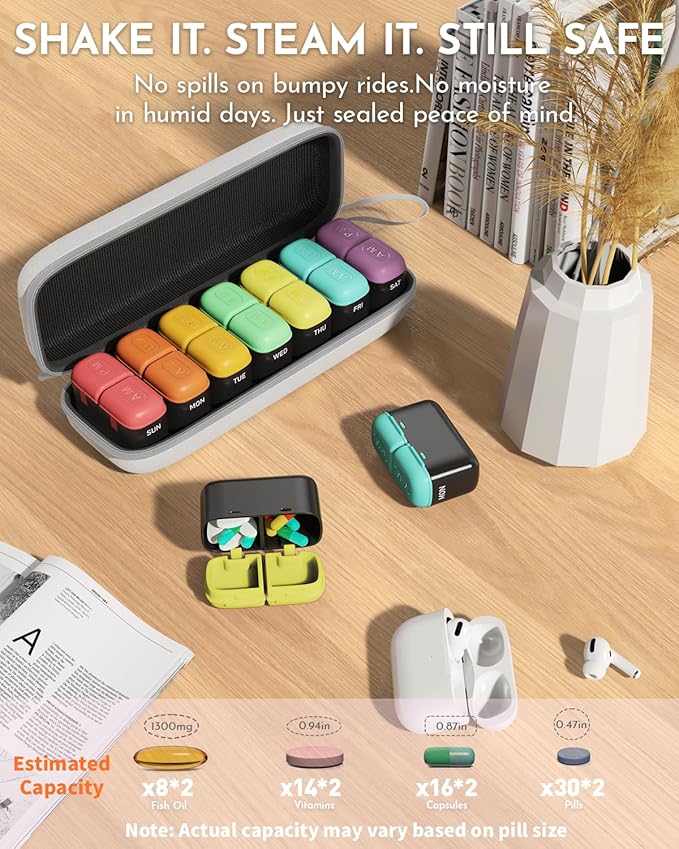 Weekly Pill Organizer 2 Times a Day, 7 Day Travel Medicine Pill Organizer with Moisture-Proof Silicone Lid, AM PM Daily Pill Bottle for Vitamins & Supplements, Pocket-Size Pill Case(Rainbow)