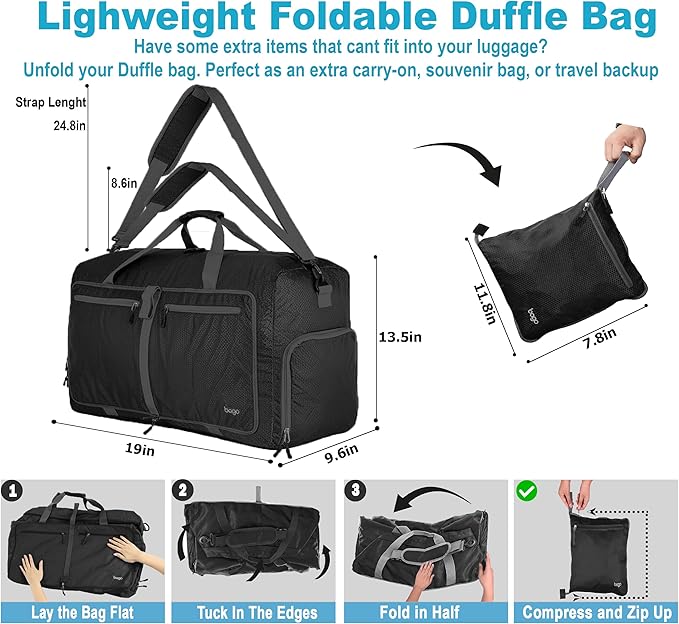 Bago Foldable Duffel Bags for Traveling Women & Men - 60L Medium Packable Duffle Bag for Travel with Shoe Compartment - Water Repellant, Heavy Duty, Lightweight Folding & Collapsible (All Black)
