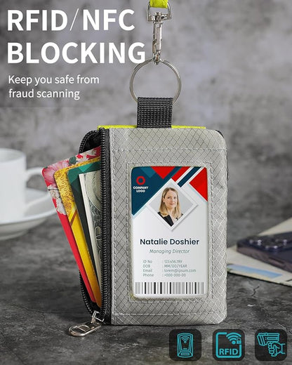 Minimalist Wallet For Mens Womens, Keychain RFID Blocking Zipper Small Wallet with ID Window 2 Lanyards,Water Resistant Travel Cash Card Coin Case Boys Girls