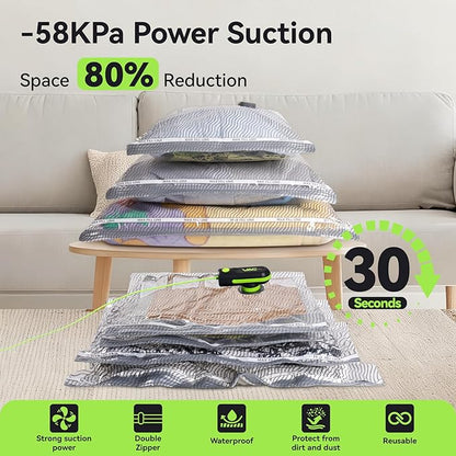 Vacuum Bags for Travel with USB and TYPE C Pump, 15 Pack Carry-on Size Compression Packing Bags for Luggage and Suitcase, Space Saver for Clothes and Clothing Travel（Green）