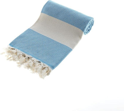 100% Cotton Turkish Peshtemal Towel – Lightweight, Quick-Dry, Highly Absorbent – Beach, Bath, Travel – Diamond Pattern (Turquoise)