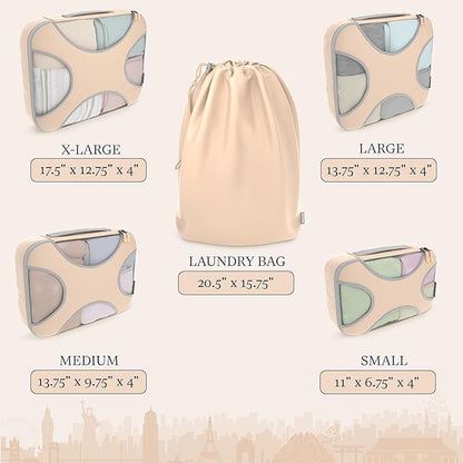 Shacke Premium 5 Packing Cubes Set - Lightweight Mesh Travel Luggage Organizers with Laundry Bag, 5-Piece Suitcase Storage System (Nude Beige)